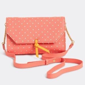 Coral Polka Dot Crossbody Bag with Gold Chain Strap and Yellow Tie Detail
